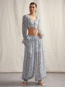 SHEIN ICON Crop top elegante da donna con scollo a cuore, maniche lunghe e stampa floreale, adatto per vacanze e carnevale in stile boho - Multicolore - Visualizzare 1