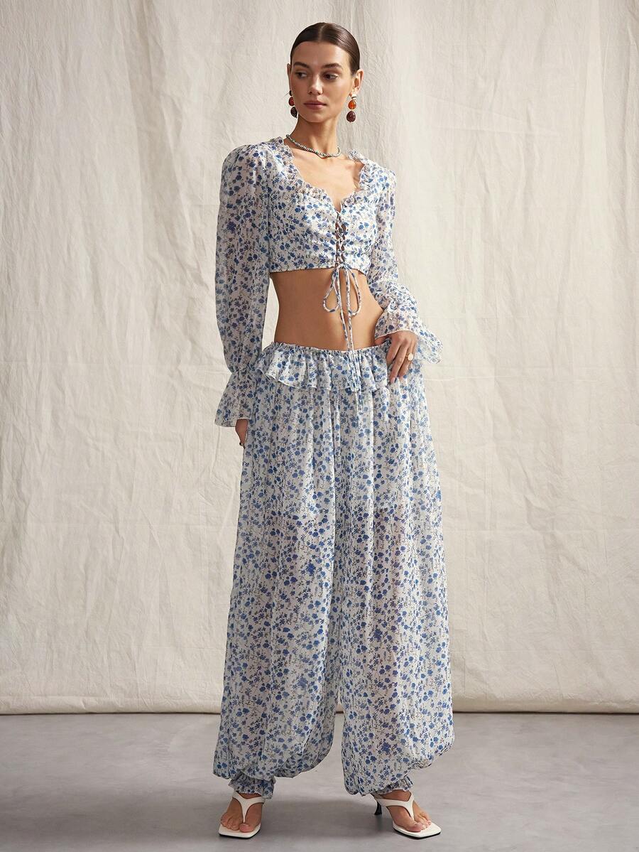 SHEIN ICON Crop top elegante da donna con scollo a cuore, maniche lunghe e stampa floreale, adatto per vacanze e carnevale in stile boho - Multicolore - Visualizzare 1