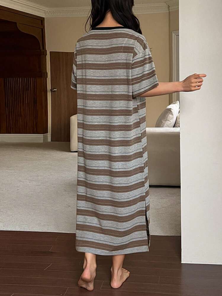 Striped Casual Loose T-Shirt Dress, Long Length Women Loungewear