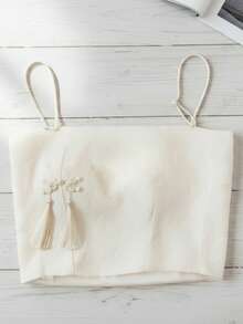 Top Casual, Tirantes Delgados, Tela de Satín,Retro estilo Cheongsam de estilo chino, Top corto sin mangas con parte baja holgada para mujer, verano - Beis - Ver 2