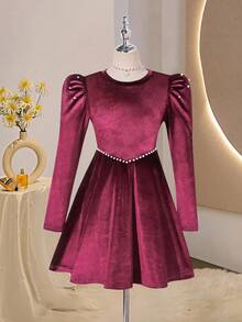 Teen Girls Velvet Leg-Of-Mutton Sleeve Beaded Dress - Burgundy - View 1