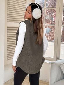 SHEIN EZwear 1 pièce Manteau sans manches décontracté à boutons et poches pour femmes, de couleur unie. Idéal pour le port quotidien en automne/hiver, l'automne, pour les femmes qui travaillent de chez elles en hiver. Manteau sans manches confortable pour les femmes au petit-déjeuner. - Gris foncé - Voir 2