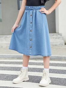 Moda dla nastolatek, swobodna, vintage, modna, uliczna, świeża i urocza, elastyczna talia z krawędzią liści, niebieski denim, spódnica w kształcie litery A, odzież codzienna, wiosna-lato, festiwal rave i odzież uliczna - Niebieski - Zobacz 1