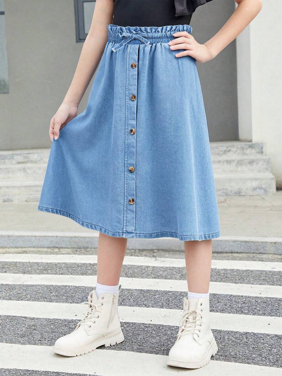 Moda dla nastolatek, swobodna, vintage, modna, uliczna, świeża i urocza, elastyczna talia z krawędzią liści, niebieski denim, spódnica w kształcie litery A, odzież codzienna, wiosna-lato, festiwal rave i odzież uliczna - Niebieski - Zobacz 1