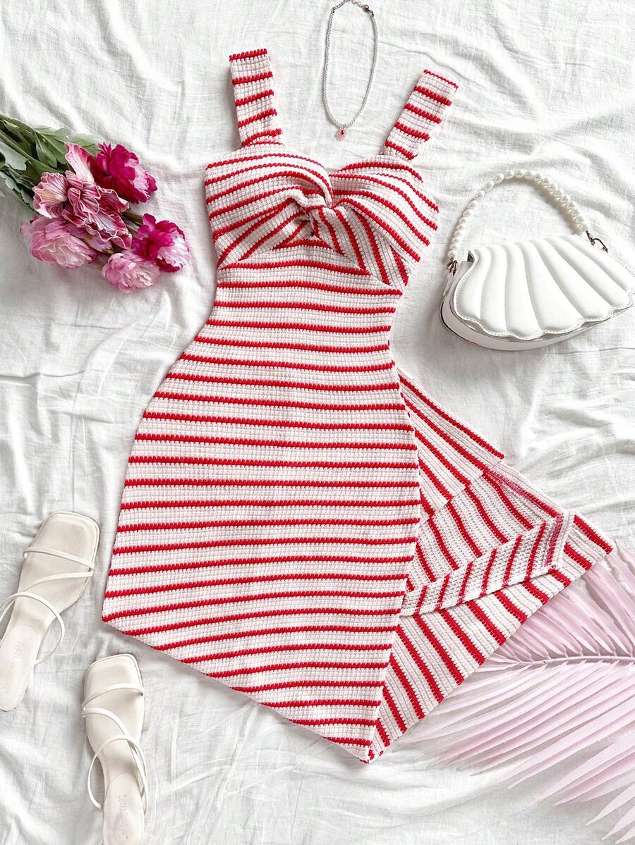 Soleia Women's Summer Fashion Vacation Style Contrast Color Striped Pattern Twist Front Split Hem Fitted Mid-Length Dress,Women's Dresses - Red and White - View 1