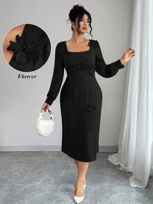 Elenzga Plus Size Elegant 3D Floral Decor Square Neck Long Sleeve Dress, Autumn