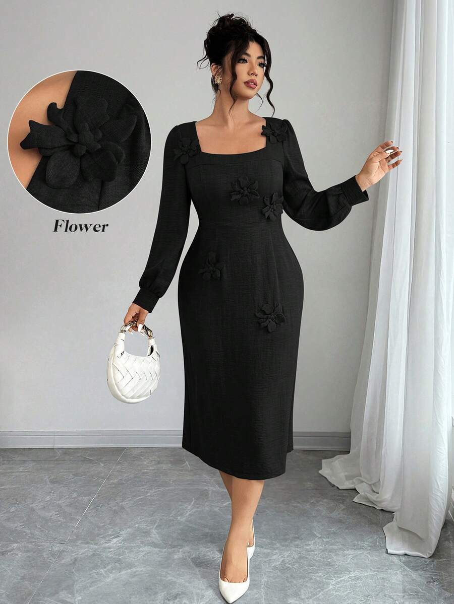 Elenzga Plus Size Elegant 3D Floral Decor Square Neck Long Sleeve Dress, Autumn