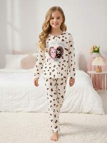 2件套女童卡通可爱黑粉色兔子爱心印花圆领长袖上衣+简约豹纹长裤休闲舒适家居服套装 - 彩色 - 查看 1