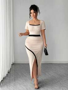 Elenzga Plus Size Elegant Commuter Color Block Split Dress - Apricot - View 5