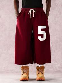 PAVTROS Men's Burgundy Badge Graphic Print Drawstring Waist Casual Sweatpants,Loose Fit Wide Leg Sports Pants For Autumn Streetwear City Break Back-To-School - Red - View 3