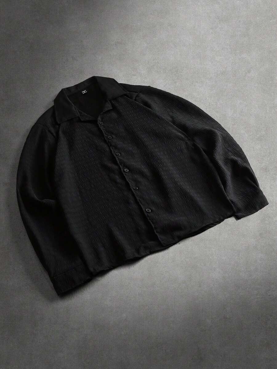 Manfinity Hypemode Men's Solid Color Minimalist Casual Long Sleeve Shirt Men Black Long Sleeve Shirt Crop Men S Shirt Black Cropped Shirt Men Men S Boxy Shirt - Black - View 1