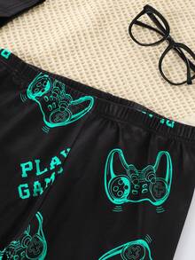 Teen Boy Glow-In-The-Dark Snug Fit Pajama Set, Video Game Controller Print Short Sleeve Top And Long Pants, Esports Style For Summer - Black - View 6