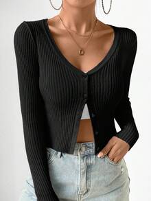 EURMUSE Casual Solid Color Fitted Cardigan For Women - Black - View 7