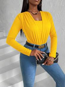 VaVaBold Women's Spring And Summer Pleated Chest Fake Two-Piece Long Sleeve Fashion Bodysuit - Yellow - View 4