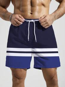 Manfinity Swimmode 男士撞色抽绳沙滩短裤，休闲度假款 - 寶藍色 - 查看 3