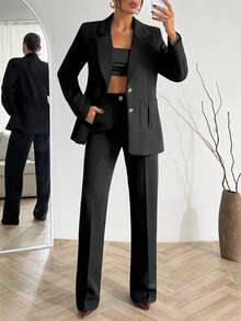 EURMUSE Women Button And Pocket Detailed With Lining Blazer Jacket And Pant Suit Sets - Black - View 4