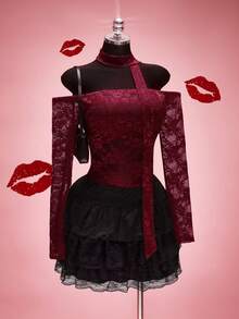 SHEIN ICON 大码女式露肩长袖蕾丝喇叭袖红色T恤 - 紅色 - 查看 10