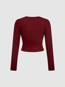 SHEIN MOD Plus Size Elegant Burgundy Knit Cardigan Top,Gold Button Details Round Neck Long Sleeve Textured Knit,Autumn Tea Party Wedding Guest Vintage Fashion - Burgundy - View 2