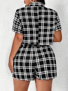 Maweii Ensemble 2 pièces femme grande taille, veste blazer à col châle imprimé pied-de-poule et jupe-short à taille élastique avec ourlet irrégulier. Convient pour l'été, élégant, casual, bureau, loisirs quotidiens, polyvalent, tenue professionnelle d'enseignante urbaine, tenue de soirée sexy, tenue de vacances pour femme