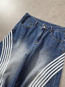 ROMWE MEN Street Life Quần jeans nam ống rộng kẻ sọc có túi, dáng rộng thoải mái, đa năng. - Màu xanh lam - Xem 9