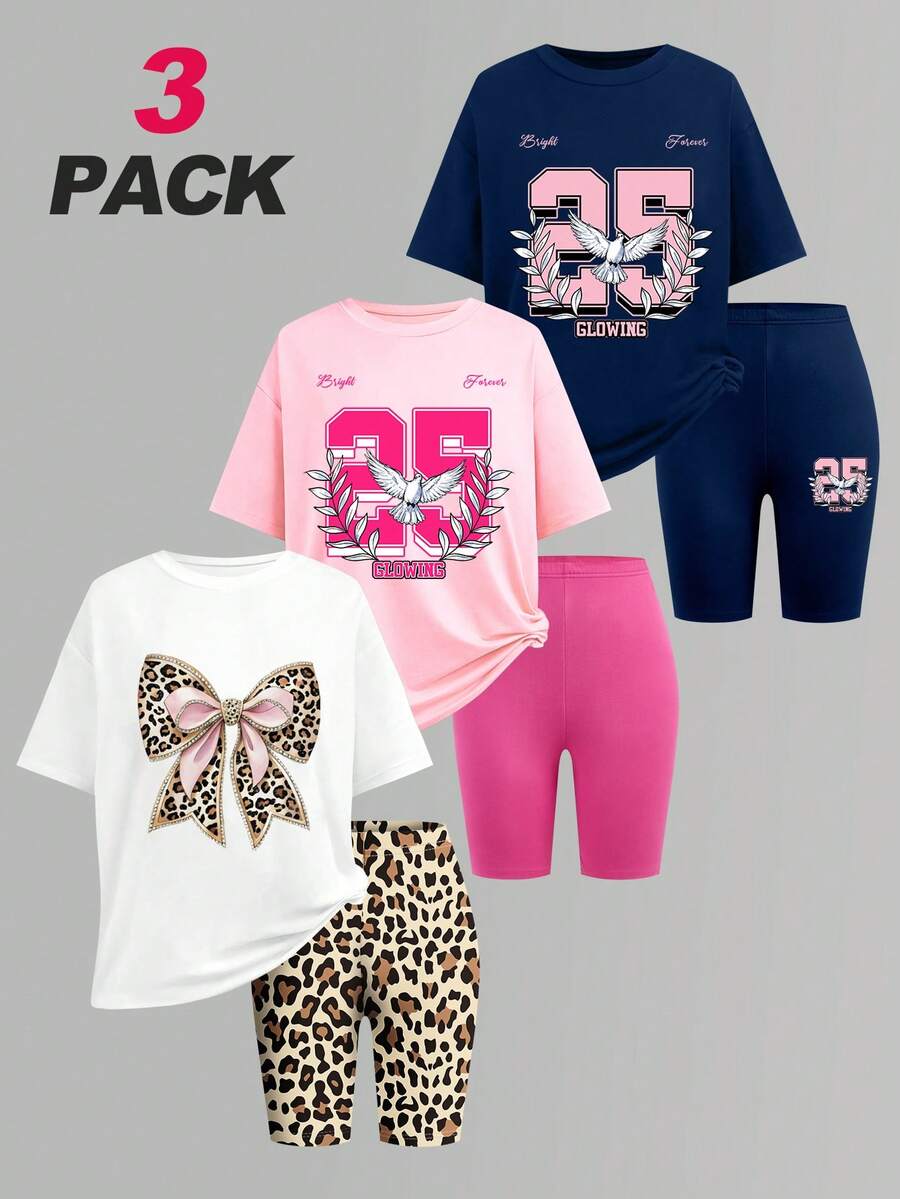 ChillGRL 6pcs/Set Teen GirlCasual Street Style Graphic Tee & Biker Shorts 2 Pieces Outfits - Multicolor - View 1