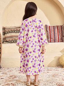 SHEIN Baby Purple Autumn Traditional Wedding Girls Floral Embroidered Bowknot V-Neck Long Sleeve Maxi Dress,Kids Prayer Abaya,Modest Kaftan Jalabiya,Lilac - Purple - View 4