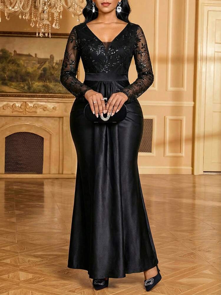 SHEIN Lady Women's Sequin Decor V-Neck Long Sleeve Dress,Black Dress Long Sleeve Formal Dress Black Dress Classy Elegant
