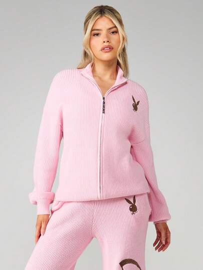 Missguided x Playboy Ribbed Knit Zip Up High Neck Jacket With Logo Print And Full Zipper Closure Long Sleeve Casual Outerwear