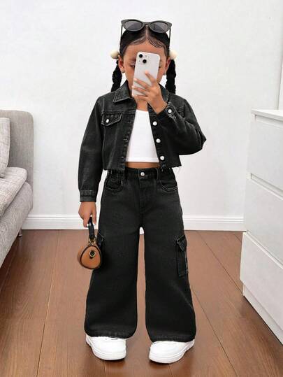 2pcs/Set Young Girl Khaki Denim Lapel Long Sleeve Jacket And Loose Pants