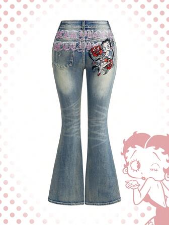 Betty Boop | ROMWE Jeans a vita super bassa a zampa di elefante con ricamo Betty in stile retrò Y2K consumato per donne