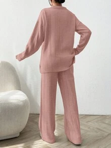 EURMUSE 2pcs Solid Color Ribbed Polo Neck Loose Fit Ribbed Sweaters - Dusty Pink - View 2