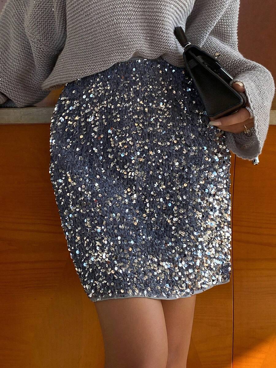 Livesso 女士闪亮亮片优雅派对迷你裙新年嘉年华春季 - 銀色 - 查看 1
