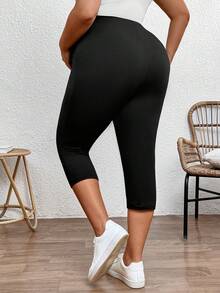 SHEIN Quần dài lửng 3/4 dáng ôm, màu trơn, cạp chun điều chỉnh được, thích hợp mặc mùa hè và đi làm. - màu đen - Xem 2