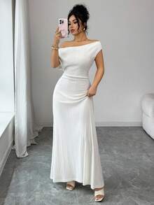Lyxana Elegant French Style Knit Midi Dress, Vertical Striped Fitted Vintage Long Dress - Beige - View 6