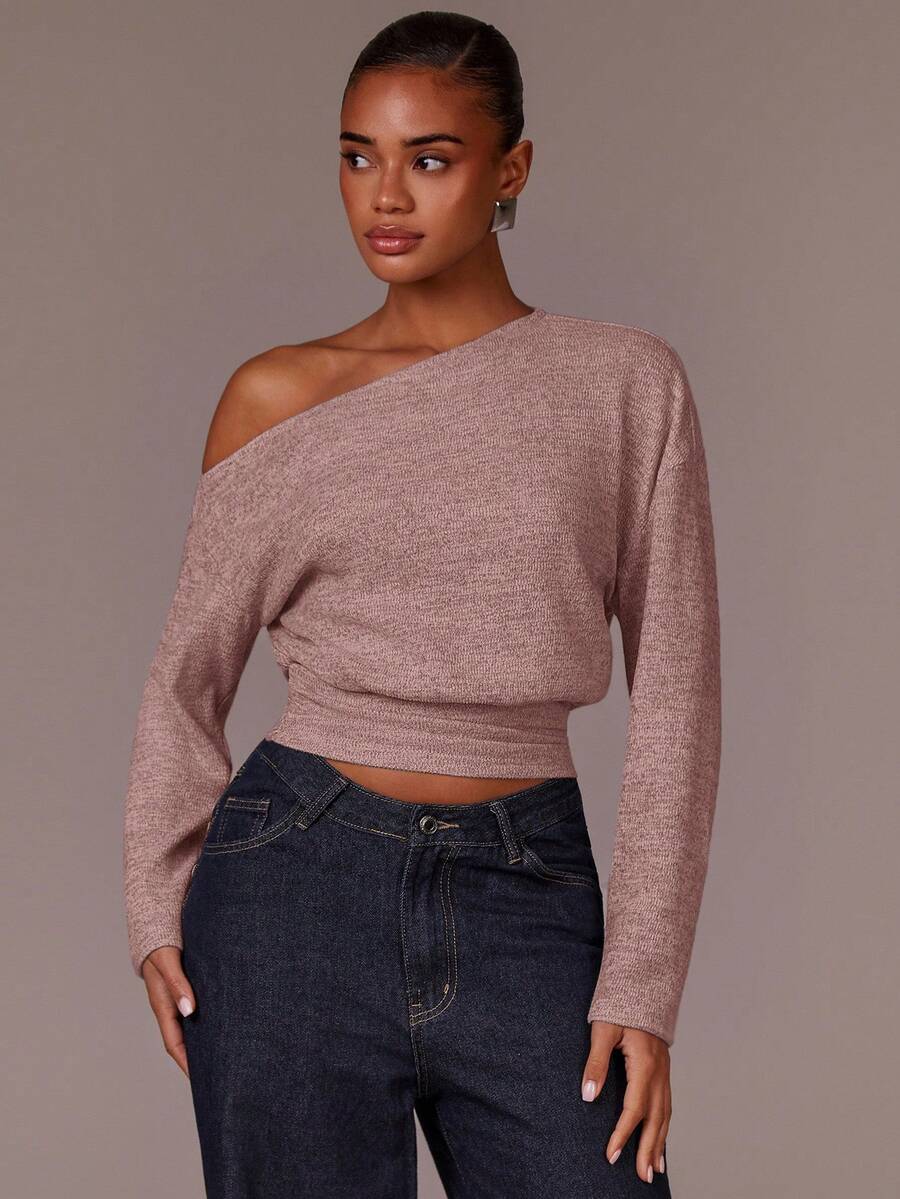 Athîral Women's Solid Color Minimalist Oblique Shoulder Long Sleeve T-Shirt, Everyday Wear - Pink - View 1