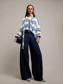 Nöista Oversized Blue And White Stripe Cardigan With Scarf Detail,Long Sleeves,Contrast Buttons.Casual,Back-To-School,School Autumn Layering For Spring - Blue - View 5