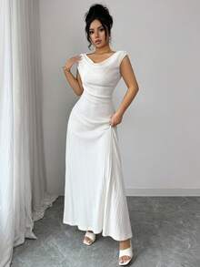 Lyxana Elegant French Style Knit Midi Dress, Vertical Striped Fitted Vintage Long Dress - Beige - View 4