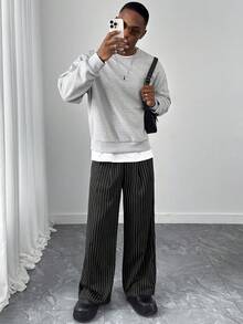 HUEFORM Pantalones rectos de corte relajado de unicolor con cintura elástica para hombre, pantalones anchos de pierna suelta de unicolor con costura frontal, pantalones anchos versátiles en negro oversize, regalos para novio, ropa urbana para hombre, pantalones anchos a rayas para uso casual, pantalones de rayas para hombre, pantalones plisados para hombre, pantalones anchos de rayas para hombre, pantalones anchos plisados para hombre - Negro - Ver 2