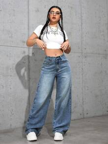 Jeanoix 女士高腰带口袋阔腿宽松休闲百搭牛仔裤 - 中等水洗藍 - 查看 5