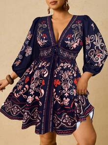 Travachic Đầm thường ngày cổ chữ V tay dài in họa tiết hoa Bohemian cỡ lớn, thắt nơ phía trước, dành cho nữ, mùa thu - Nhiều màu - Xem 5