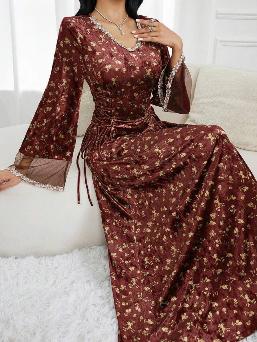 Al Najma 女士V领插肩喇叭袖系腰碎花复古阿拉伯风长裙 - 酒紅色 - 查看 1