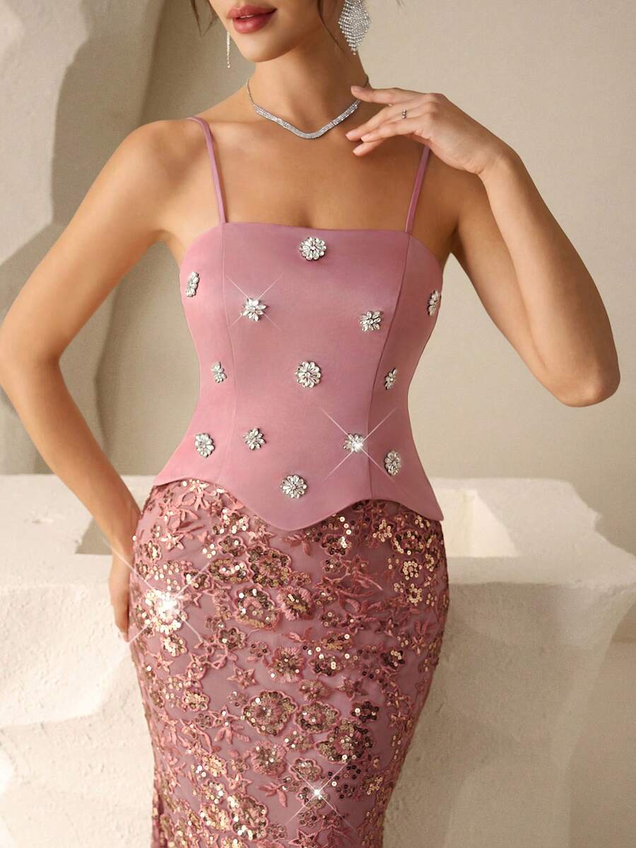 Coutiva Women's Lace, Sequin & Rhinestone Embellished Formal Maxi Dress, Layered Skirt Design - Pink - View 1