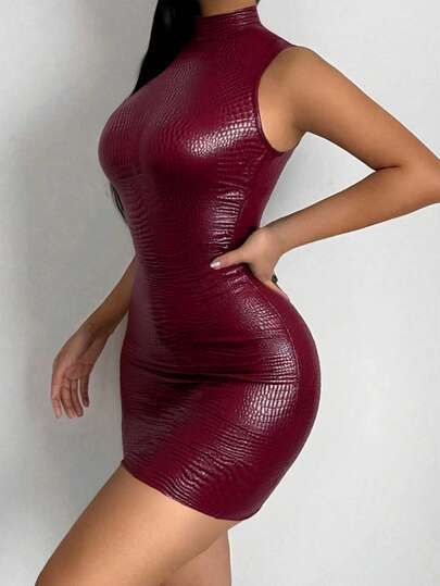 SHEIN BamGlam Women's Burgundy,Autumn,70s,Night Out,Party Snake Skin PU Mini Dress,Shiny Slim Fit Sleeveless Bodycon,Ruched Waist Clubwear Music Festival
