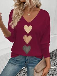 EMERY ROSE Kaos Lengan Panjang Kasual Wanita Model V-Neck dengan Manset Mengembang, Motif Hati Ombre Terlaris, Musim Semi/Gugur - Burgundy - View 5