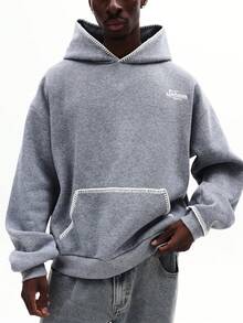 SUMWON Contrast Stitch Detail Hoodie With Heathered Fleece Fabric And Centre Pocket For Casual Winter Comfort Plain - Grey - View 5