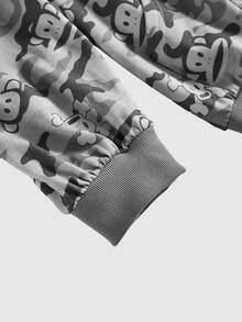 Paul Frank X ROMWE Y2K亚文化Baddie街头联名迷彩印花帽，撞色Logo刺绣宽松卫衣 - 灰色 - 查看 4