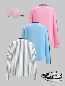 SHEIN 3件装少女时尚运动字母数字印花长袖T恤（粉白条纹、白色、粉色），常规厚度，休闲，秋季款 - 彩色 - 查看 2