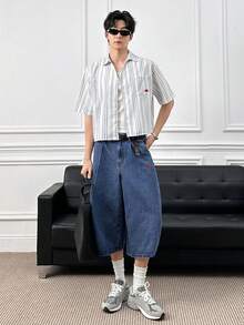 ESTAVOR 男士落肩短袖条纹前开襟休闲衬衫 - 藍白色 - 查看 8