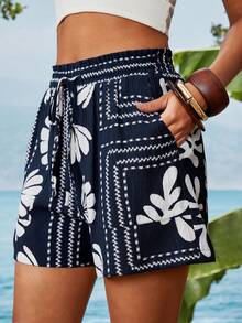 Travachic Women's Colorblock Floral Print Casual Shorts,Vacation Casual Terno Outfit For Women,Summer Holiday Outfits,Spring Break Outfits,Party Outfit,Beach Outfit,Spring Clothing,Valentine's Day,Valentine Outfits For Women,Carnival Costume,Elegant,Floral Shorts,Carnival Costume,Shorts For Women Comfy Elastic Waist Shorts Women Shorts Summer,Tropical Print Shorts - Navy Blue - View 3