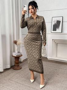Modelyn 加大码几何印花长袖上衣和裙子优雅毛衣套装女士秋冬装 - 咖啡棕 - 查看 4